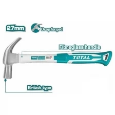 Молоток-гвоздодер 560 гр, с фиберглассовой рукояткой TOTAL